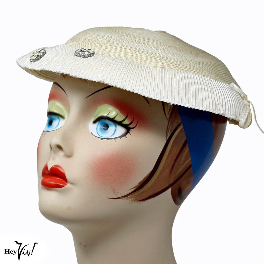 Vintage 50s Ivory Platter Hat w Rhinestone & Pleated Trim 11" Across - Hey Viv - Picture 4 of 9